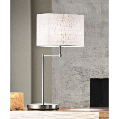 ROUND HOTEL LAMPADA DA TAVOLO CROMO CON PARALUME IN TESSUTO BIANCO LAMPADINA E27 DESIGN MODERNO