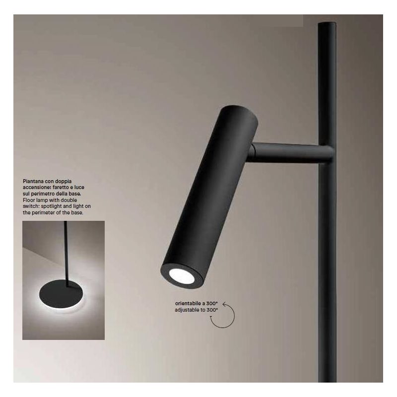 GAMBO PIANTANA MODERNA H150 CM CON FARETTO ORIENTABILE IN ALLUMINIO NERO LED 14W LUCE 3000K