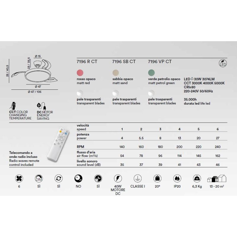 MYRA VENTILATORE D106 CM CON PALE A SCOMPARSA LED 30W CCT 3000-4000-5000K 3 COLORI TELECOMANDO INCLUSO