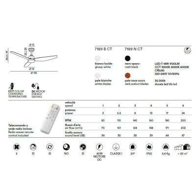 PEGASO VENTILATORE BIANCO O NERO 3 PALE D132 CM LED 18W CCT 3000-4000-6000K DIMMERABILE TELECOMANDO INCLUSO