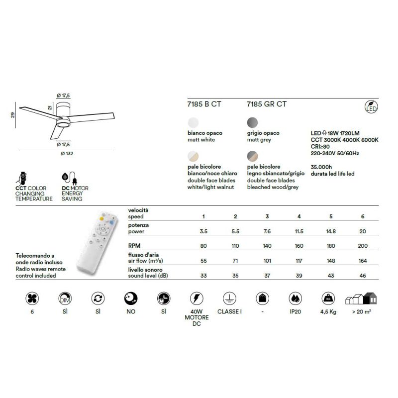 ANTARES VENTILATORE 3 PALE D132 CM LED 18W LUCE CCT 3000K-4000K-6000K DIMMERABILE 2 COLORI TELECOMANDO INCLUSO