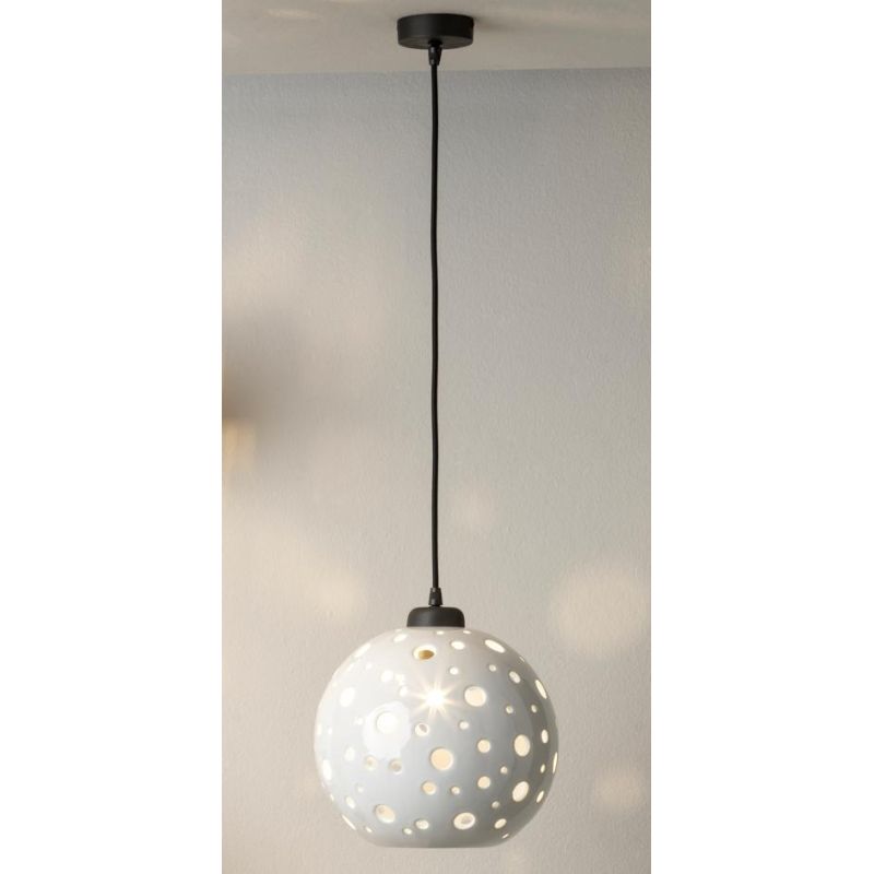 2252 SOSPENSIONE SINGOLA A SFERA D25 CM IN TERRACOTTA BIANCA TRAFORATA MODERNA MADE IN ITALY