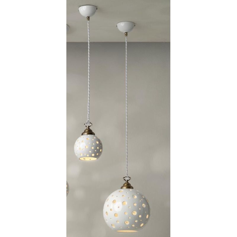 2253 SOSPENSIONE SINGOLA CON SFERA IN TERRACOTTA BIANCA TRAFORATA 2 MISURE RUSTICA MADE IN ITALY