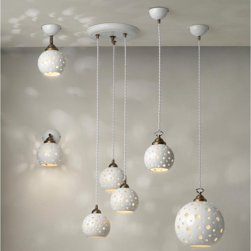 2253 SOSPENSIONE SINGOLA CON SFERA IN TERRACOTTA BIANCA TRAFORATA 2 MISURE RUSTICA MADE IN ITALY