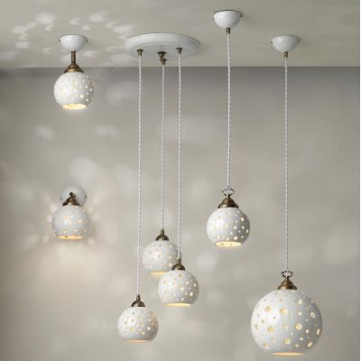 2253 SOSPENSIONE SINGOLA CON SFERA IN TERRACOTTA BIANCA TRAFORATA 2 MISURE RUSTICA MADE IN ITALY