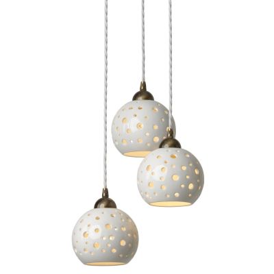 2253 SOSPENSIONE 3 LUCI BIANCA D28 CM CON SFERE IN TERRACOTTA TRAFORATA RUSTICA MADE IN ITALY