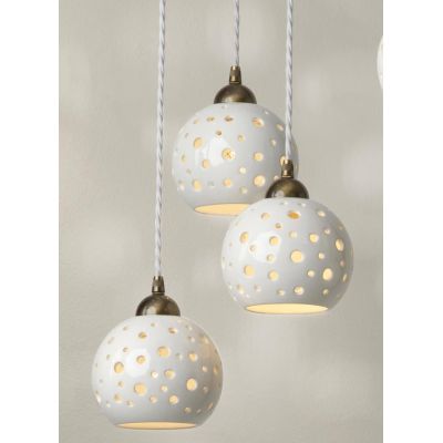 2253 SOSPENSIONE 3 LUCI BIANCA D28 CM CON SFERE IN TERRACOTTA TRAFORATA RUSTICA MADE IN ITALY
