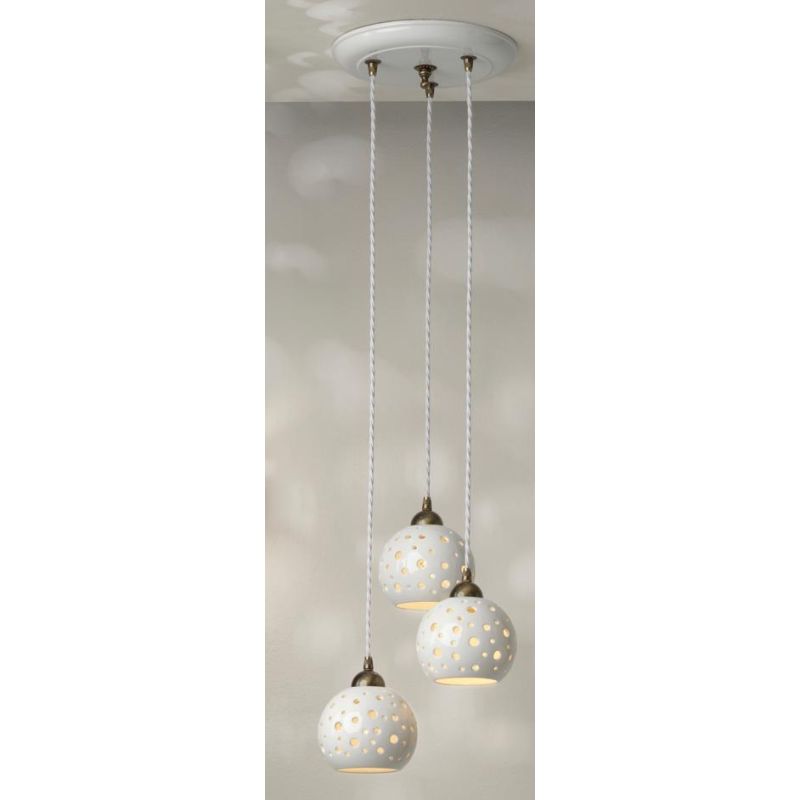 2253 SOSPENSIONE 3 LUCI BIANCA D28 CM CON SFERE IN TERRACOTTA TRAFORATA RUSTICA MADE IN ITALY