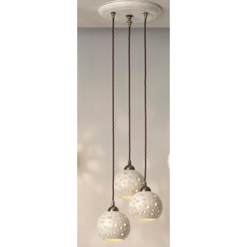 2254 SOSPENSIONE 3 LUCI IN TERRACOTTA FINITURA ANTICATA TRAFORATA D28 CM  STILE RUSTICO MADE IN ITALY