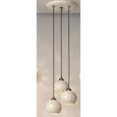 2254 SOSPENSIONE 3 LUCI IN TERRACOTTA FINITURA ANTICATA TRAFORATA D28 CM  STILE RUSTICO MADE IN ITALY