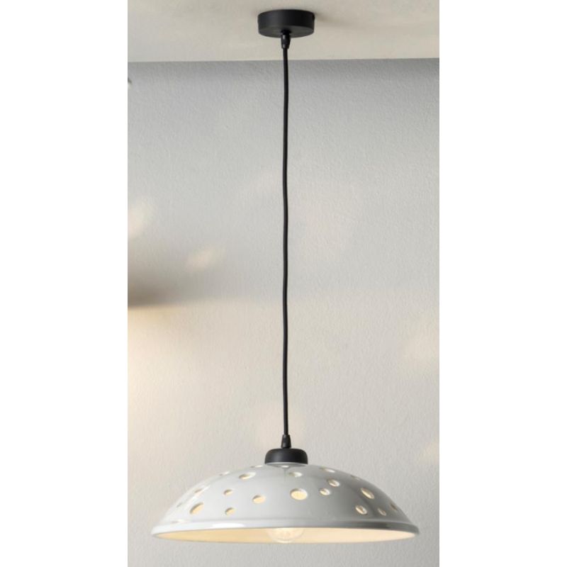 2255 SOSPENSIONE SINGOLA D38 CM IN TERRACOTTA BIANCA LUCIDA TRAFORATA MODERNA MADE IN ITALY