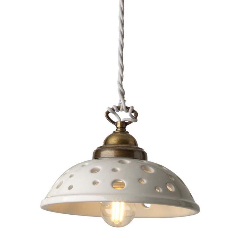 2256 SOSPENSIONE SINGOLA CON PIATTO IN TERRACOTTA BIANCA TRAFORATA 2 MISURE RUSTICA MADE IN ITALY