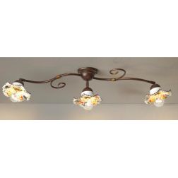 2261 PLAFONIERA 3 LUCI IN METALLO BRUNITO CON PIATTI IN TERRACOTTA BIANCA DECORATI  MADE IN ITALY