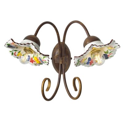 2261 APPLIQUE 2 LUCI IN METALLO BRUNITO CON PIATTI IN TERRACOTTA BIANCA DECORATI CON FRUTTA MADE IN ITALY