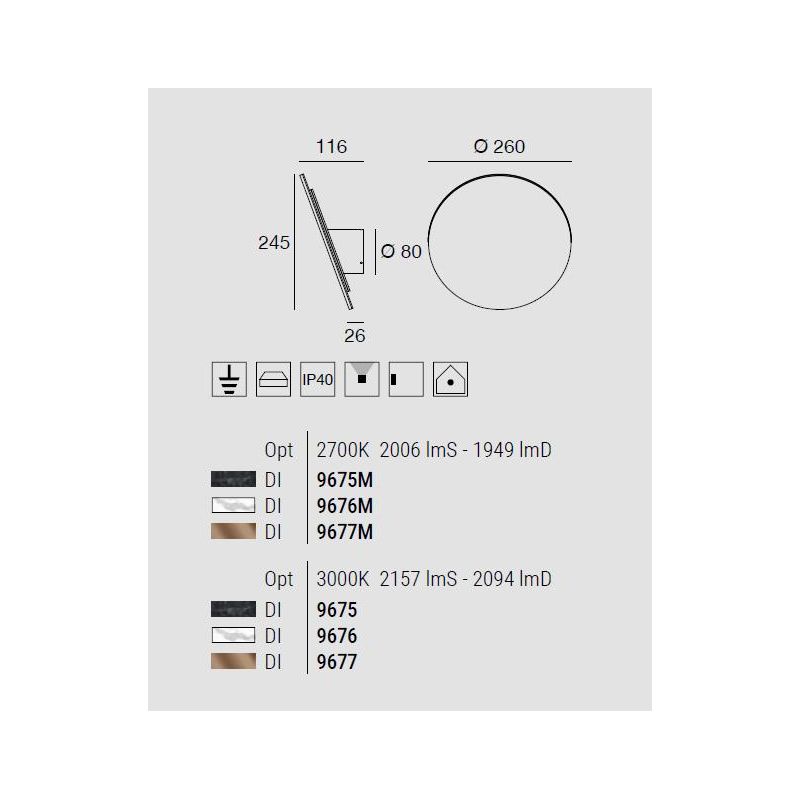 GEMINI APPLIQUE ROTONDA INCLINATA LED 19W LUCE 2700K-3000K 3 COLORI DISPONIBILI MADE IN ITALY LINEA LIGHT