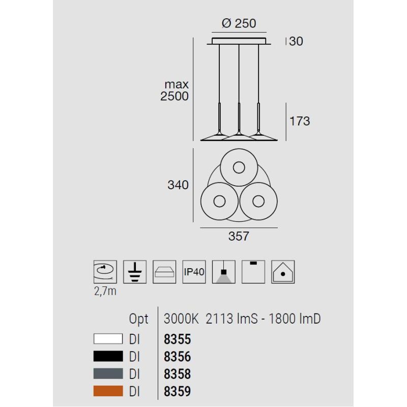 POE LAMPADARIO A SOSPENSIONE 3 LUCI BIANCO O NERO LED 19W LUCE 3000K MODERNA DELLA LINEA LIGHT Linea Light - Cristalensi Shop On