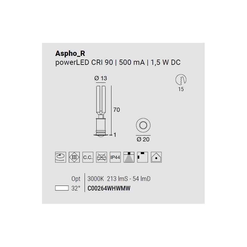 ASPHO FARETTO DA INCASSO A LED 1,5W LUCE 3000K BIANCO IP44 MODERNO MADE IN ITALY LINEA LIGHT