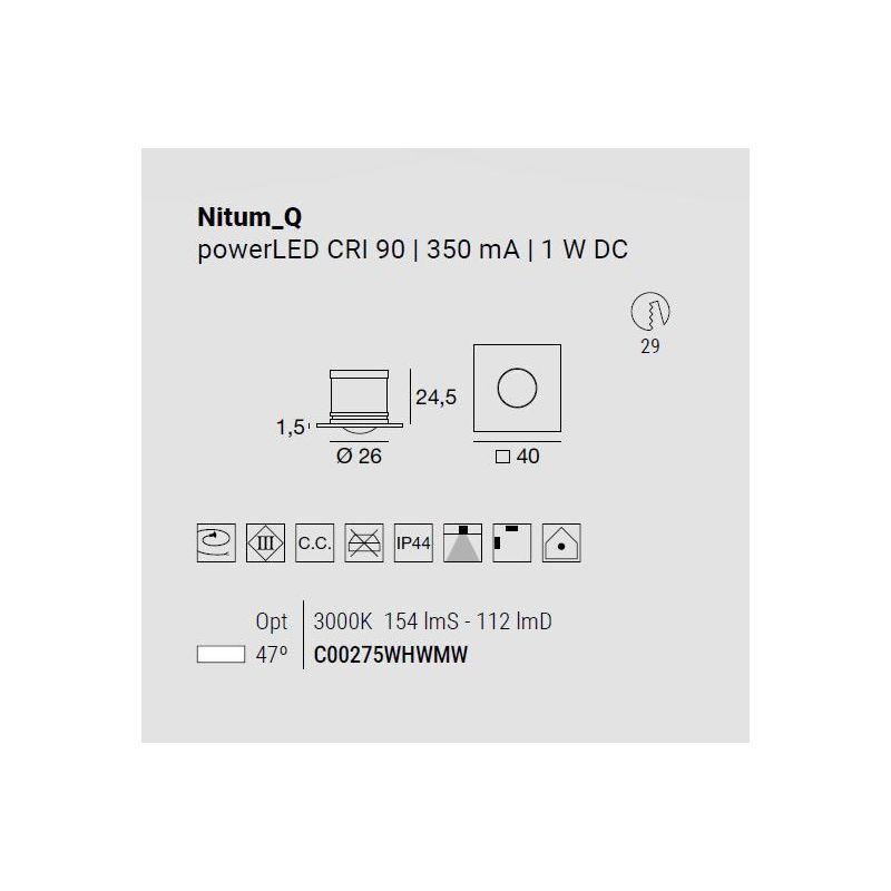 NITUM FARETTO QUADRATO DA INCASSO BIANCO LED 1W LUCE 3000K IP44 MODERNO MADE IN ITALY LINEA LIGHT