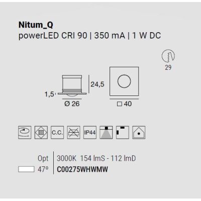 NITUM FARETTO QUADRATO DA INCASSO BIANCO LED 1W LUCE 3000K IP44 MODERNO MADE IN ITALY LINEA LIGHT