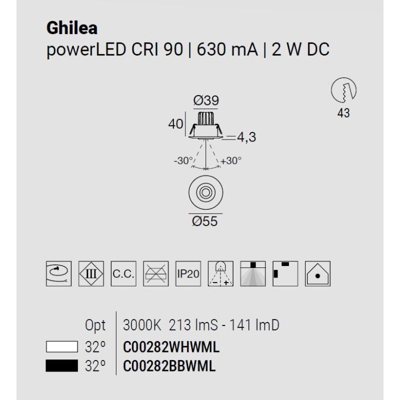 GHILEA FARETTO DA INCASSO LUCE ORIENTABILE LED 2W LUCE 3000K BIANCO E NERO MADE IN ITALY LINEA LIGHT