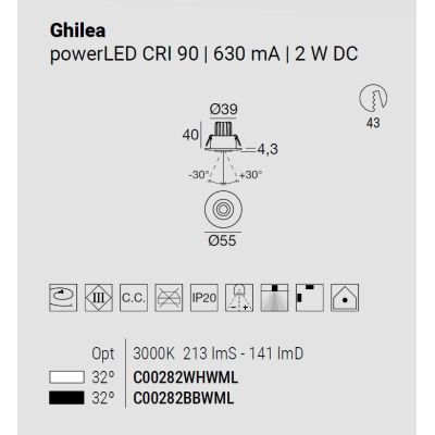 GHILEA FARETTO DA INCASSO LUCE ORIENTABILE LED 2W LUCE 3000K BIANCO E NERO MADE IN ITALY LINEA LIGHT