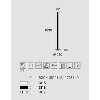 HALFPIPE PIANTANA MODERNA H183 CM LED 35W LUCE 3000K DIMMERABILE 3 COLORI MADE IN ITALY LINEA LIGHT