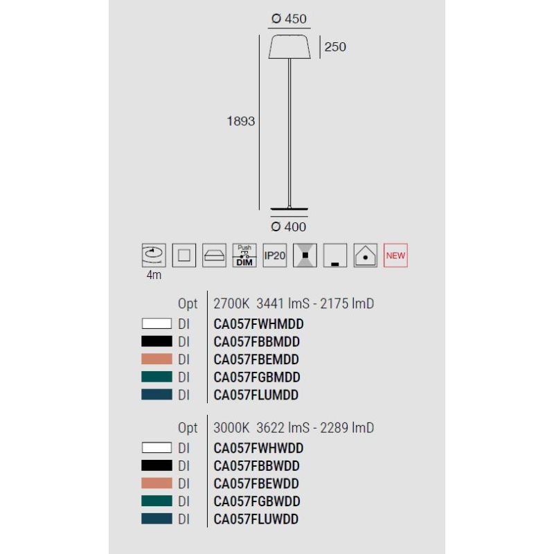 DELFI PIANTANA MODERNA IN ALLUMINIO 5 COLORI LED 15W LUCE 2700K E 3000K DIMMERABILE MADE IN ITALY