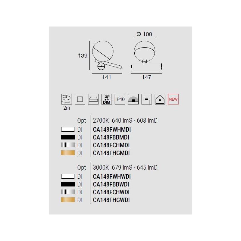 ROSSINI LUMETTO MODERNO E ORIGINALE DIMMERABILE LED 7W LUCE 2700K-3000K 4 COLORI MADE IN ITALY