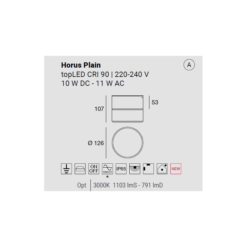 HORUS PLAIN PLAFONIERA APPLIQUE ROTONDA D12.6 CM CON VETRO FUME,AMBRA O TRASPARENTE LED 11W LUCE 3000K IP65