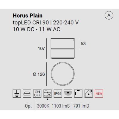 HORUS PLAIN PLAFONIERA APPLIQUE ROTONDA D12.6 CM CON VETRO FUME,AMBRA O TRASPARENTE LED 11W LUCE 3000K IP65