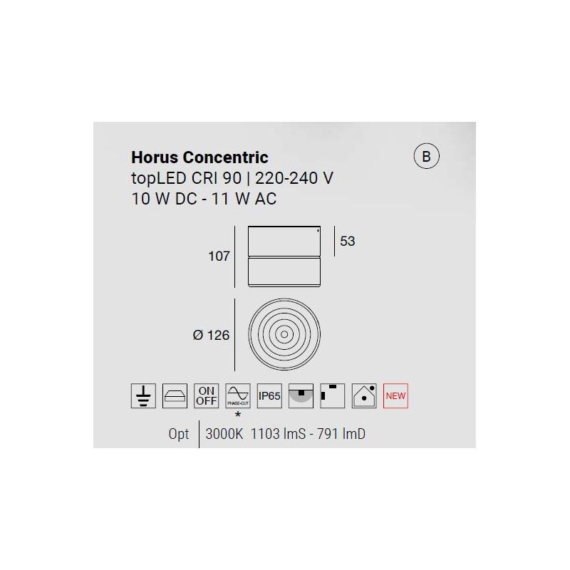 HORUS CONCENTRIC LAMPADA ROTONDA D12.6 CM CON VETRO FUME,AMBRA O TRASPARENTE LED 11W LUCE 3000K IP65