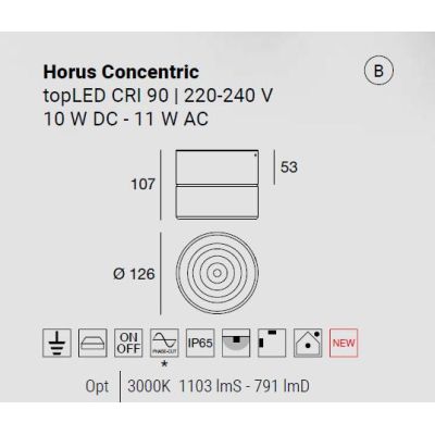 HORUS CONCENTRIC LAMPADA ROTONDA D12.6 CM CON VETRO FUME,AMBRA O TRASPARENTE LED 11W LUCE 3000K IP65