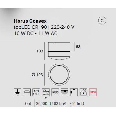 HORUS CONVEX LAMPADA ROTONDA D12.6 CM CON VETRO FUME,AMBRA O TRASPARENTE LED 11W LUCE 3000K IP65