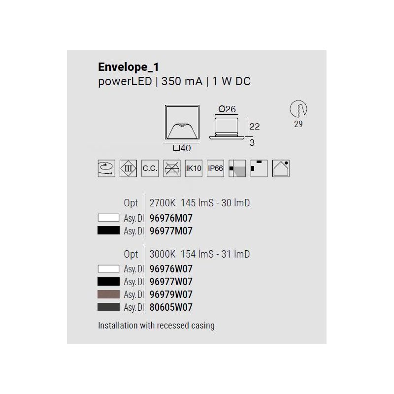 ENVELOPE SEGNAPASSO DA ESTERNO IP66 ALLUMINIO 4 COLORI LED 1W LUCE 2700K-3000K MADE IN ITALY LINEA LIGHT