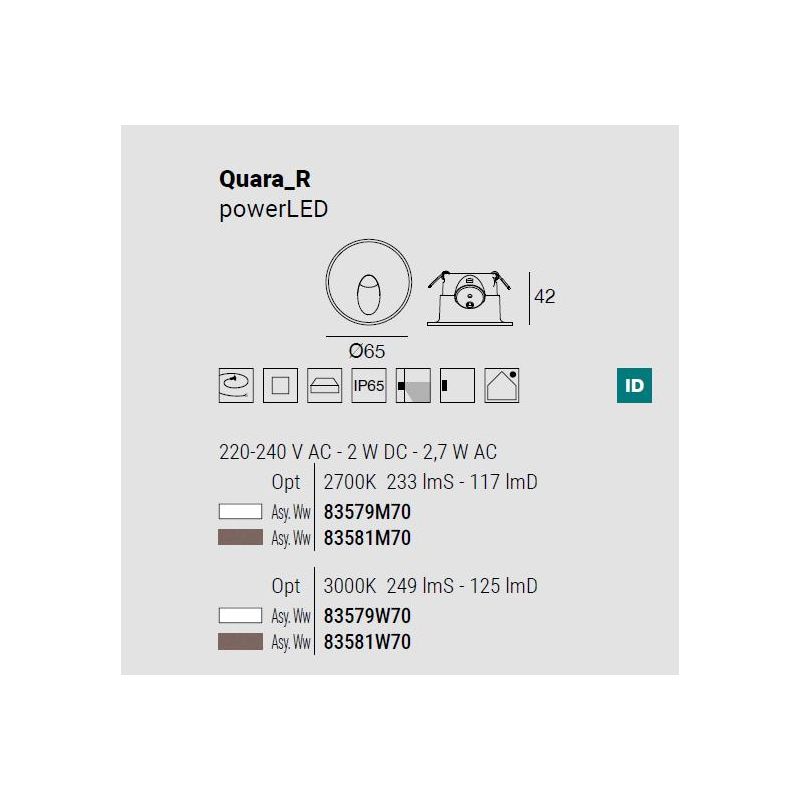QUARA SEGNAPASSO ROTONDO DA ESTERNO IP65 ALLUMINIO 2 COLORI LED 2,7W LUCE 2700K-3000K MADE IN ITALY