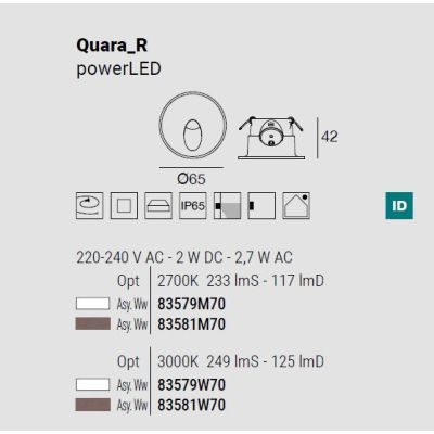 QUARA SEGNAPASSO ROTONDO DA ESTERNO IP65 ALLUMINIO 2 COLORI LED 2,7W LUCE 2700K-3000K MADE IN ITALY