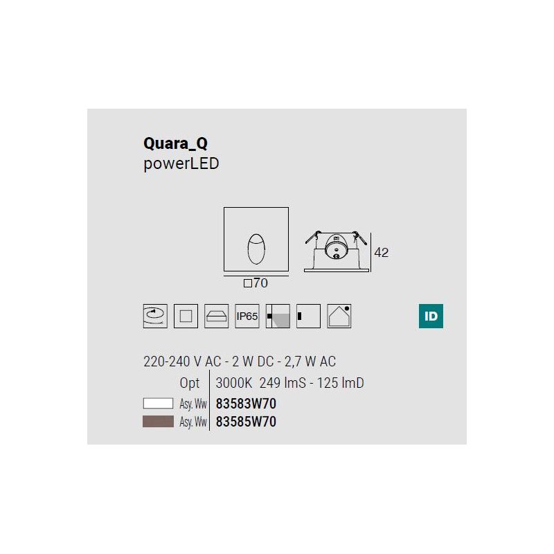 QUARA SEGNAPASSO QUADRATO DA ESTERNO IP65 ALLUMINIO 2 COLORI LED 2,7W LUCE 3000K MADE IN ITALY