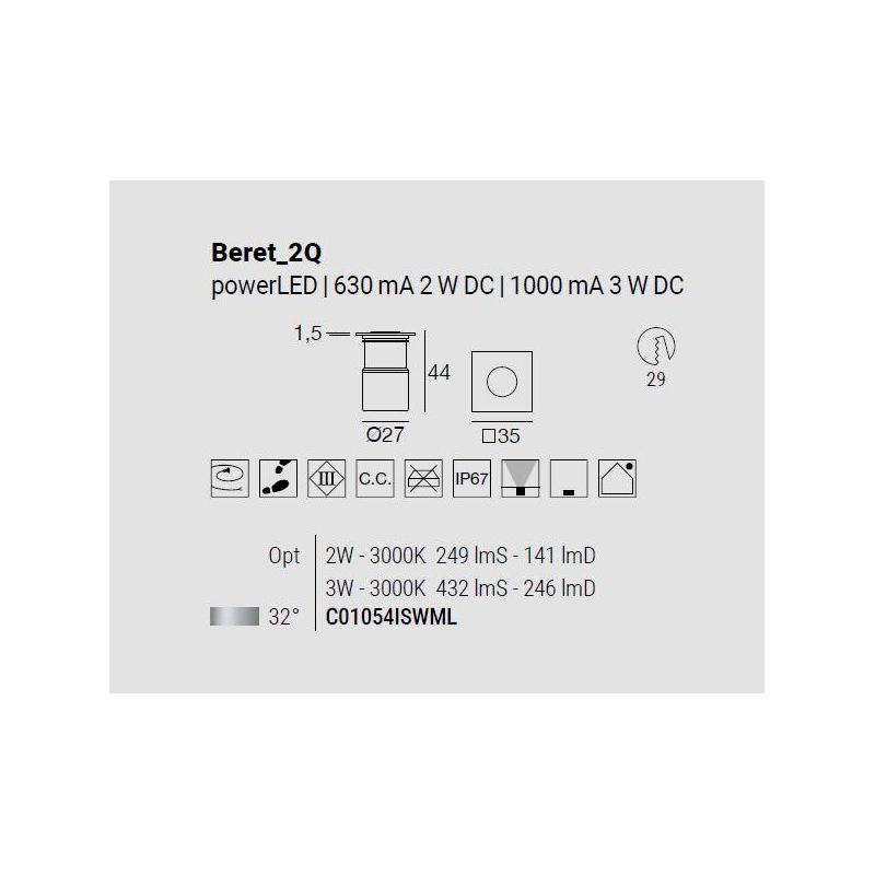 BERET SEGNAPASSO QUADRATO IN ACCIAIO IP67 LED 2W-3W LUCE 3000K DA ESTERNO MADE IN ITALY LINEA LIGHT
