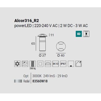 ALCOR 316 SEGNAPASSO DA INCASSO 2 TAGLI IN ACCIAIO IP67 LED 3W LUCE 3000K CALPESTABILE MADE IN ITALY