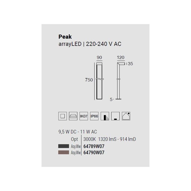 PEAK PALO DA GIARDINO H75 CM IP66 LED 11W LUCE 3000K ANTRACITE E MARRONE MADE IN ITALY LINEA LIGHT