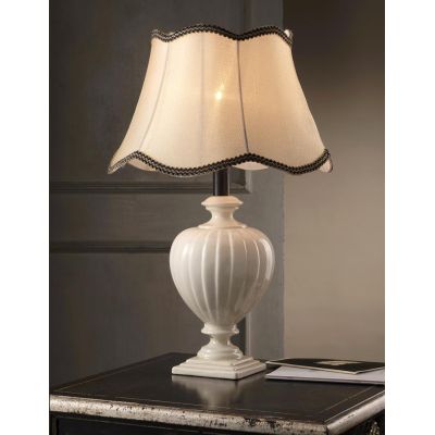 DESY LAMPADA DA TAVOLO CLASSICA IN CERAMICA CLAQUES BIANCA CON PARALUME IN TESSUTO SABBIA