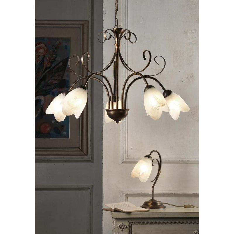 ODINO LAMPADARIO CLASSICO 5 LUCI IN METALLO BRONZO SPENNELLATO ORO D65 CM LAMPADINE ATTACCO E14