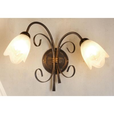 ODINO APPLIQUE 2 LUCI IN METALLO BRONZO SPENNELLATO ORO DIFFUSORI IN VETRO LAMPADINE ATTACCO E14
