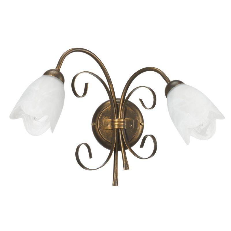 ODINO APPLIQUE 2 LUCI IN METALLO BRONZO SPENNELLATO ORO DIFFUSORI IN VETRO LAMPADINE ATTACCO E14