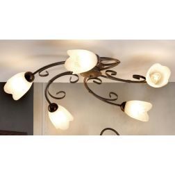 ODINO PLAFONIERA 5 LUCI IN METALLO BRONZO SPENNELLATO ORO CON DIFFUSORI IN VETRO CLASSICA LAMPADINE E14