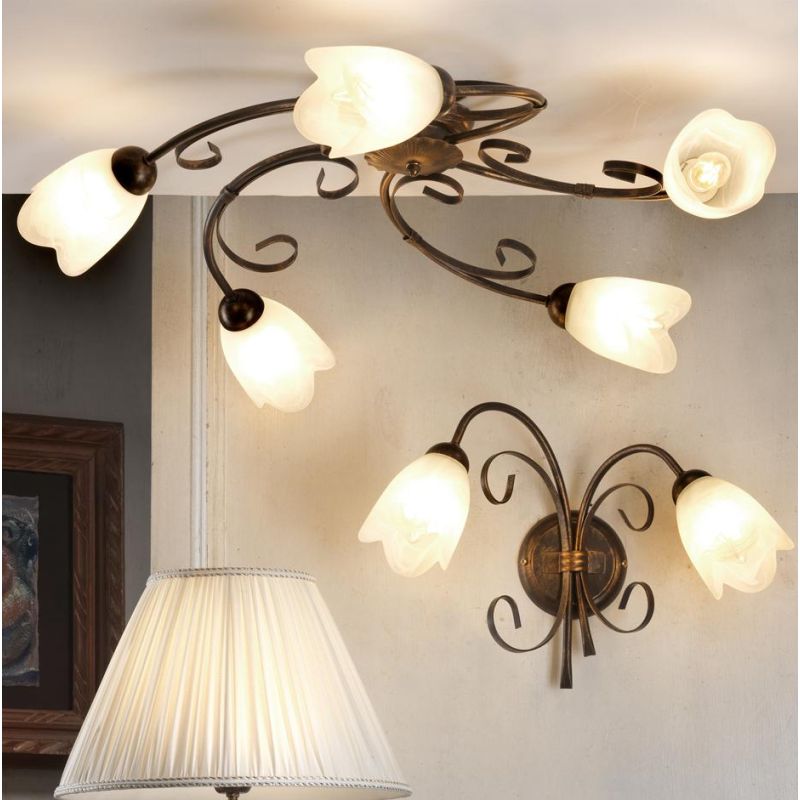 ODINO PLAFONIERA 5 LUCI IN METALLO BRONZO SPENNELLATO ORO CON DIFFUSORI IN VETRO CLASSICA LAMPADINE E14