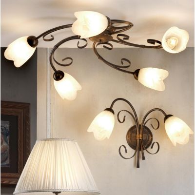 ODINO PLAFONIERA 5 LUCI IN METALLO BRONZO SPENNELLATO ORO CON DIFFUSORI IN VETRO CLASSICA LAMPADINE E14