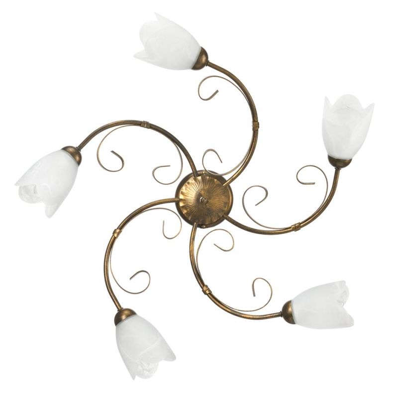 ODINO PLAFONIERA 5 LUCI IN METALLO BRONZO SPENNELLATO ORO CON DIFFUSORI IN VETRO CLASSICA LAMPADINE E14