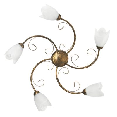 ODINO PLAFONIERA 5 LUCI IN METALLO BRONZO SPENNELLATO ORO CON DIFFUSORI IN VETRO CLASSICA LAMPADINE E14