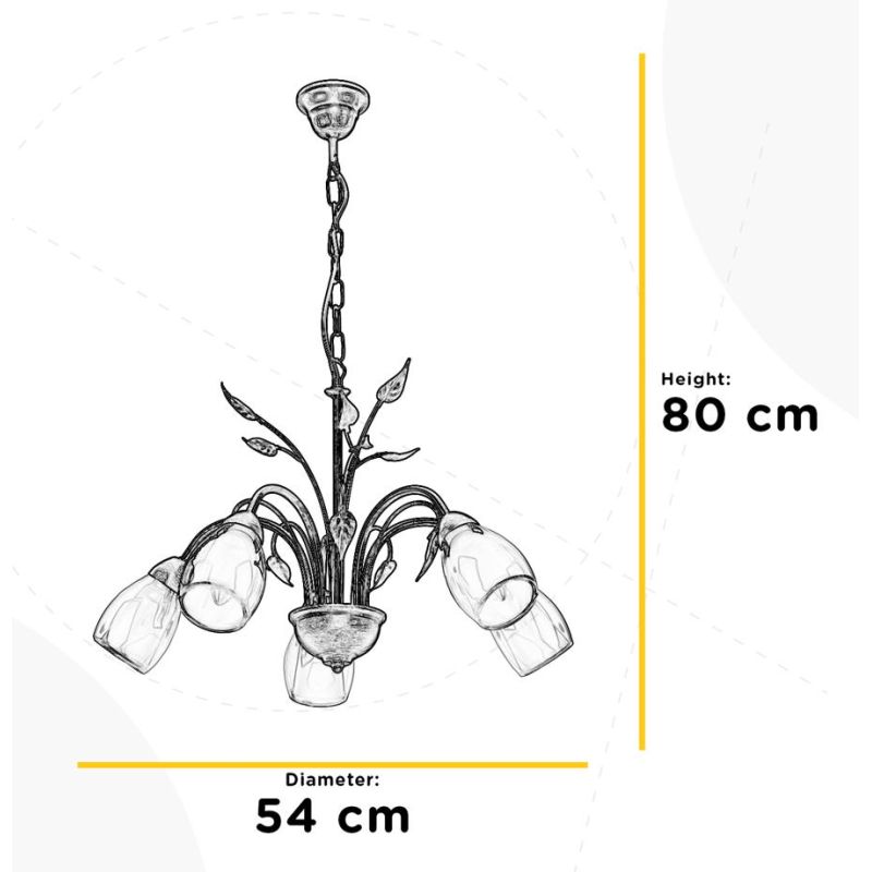 LILIANA LAMPADARIO A 5 LUCI IN METALLO BRONZO SPENNELLATO ORO CON DIFFUSORI IN VETRO CLASSICO LAMPADINE E14